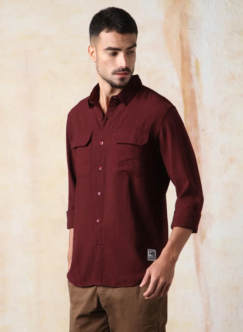 هاي ستار Men Relaxed Fit Spread Collar Double Flap pocket utility Solid Textured Casual Shirt