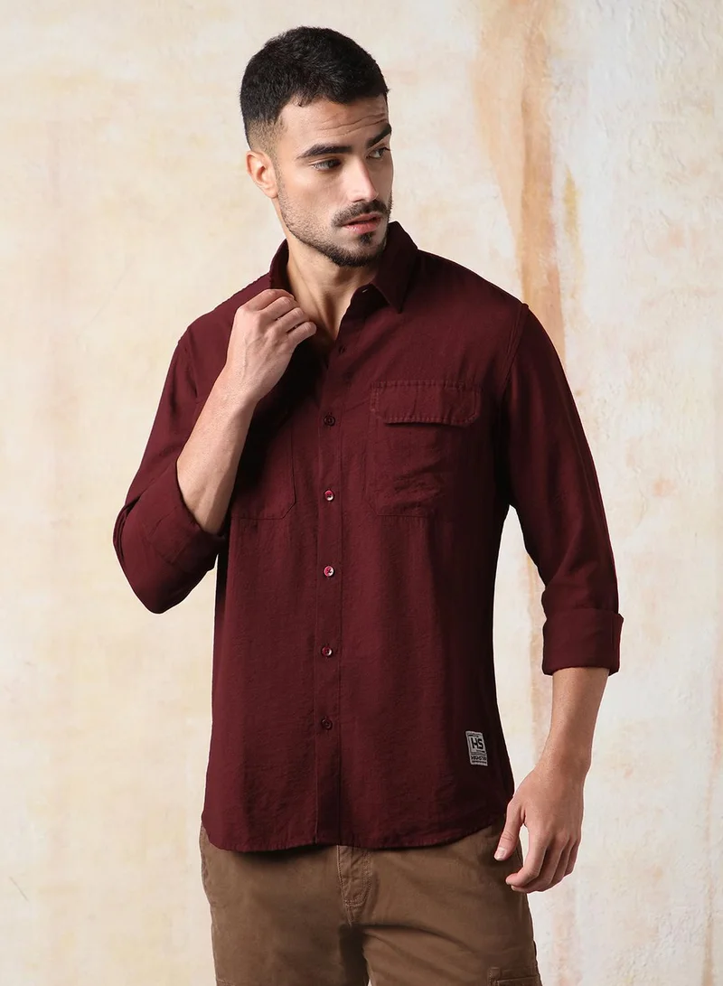 هاي ستار Men Relaxed Fit Spread Collar Double Flap pocket utility Solid Textured Casual Shirt