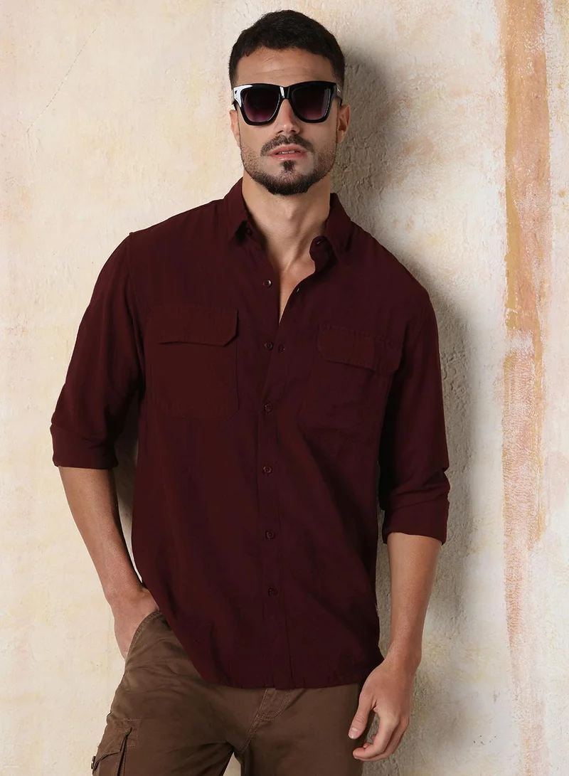 HIGH STAR Men Relaxed Fit Spread Collar Double Flap pocket utility Solid Textured Casual Shirt