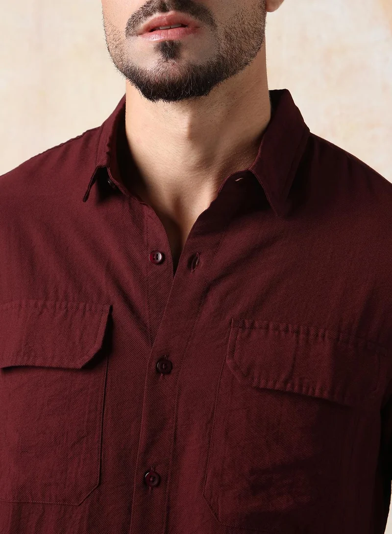 هاي ستار Men Relaxed Fit Spread Collar Double Flap pocket utility Solid Textured Casual Shirt