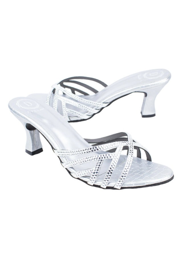 Dollar's Fashion Lina Women Heels Sandals, Rhinestone Party Heels for Women, Open Toe Mid Heel Sandals, Synthetic Leather Ladies Fashion Heels for Eid, Evening, Party Wear (Silver) - Image 1