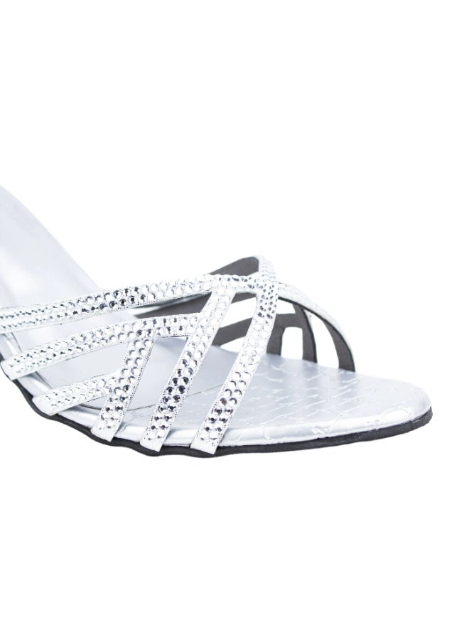 Dollar's Fashion Lina Women Heels Sandals, Rhinestone Party Heels for Women, Open Toe Mid Heel Sandals, Synthetic Leather Ladies Fashion Heels for Eid, Evening, Party Wear (Silver) - Image 3