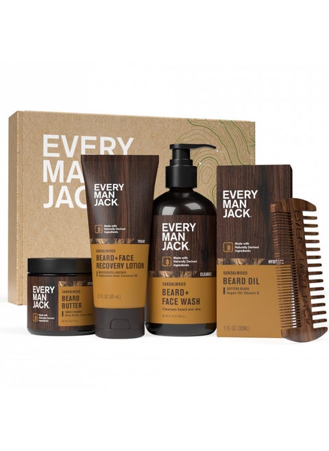Every Man Jack Mens Sandalwood Beard Set - Five Full-Sized Grooming Essentials For a Complete Routine - Beard + Face Wash, Beard + Face Lotion, Hydrating Beard Oil, Beard Butter, and Beard Comb