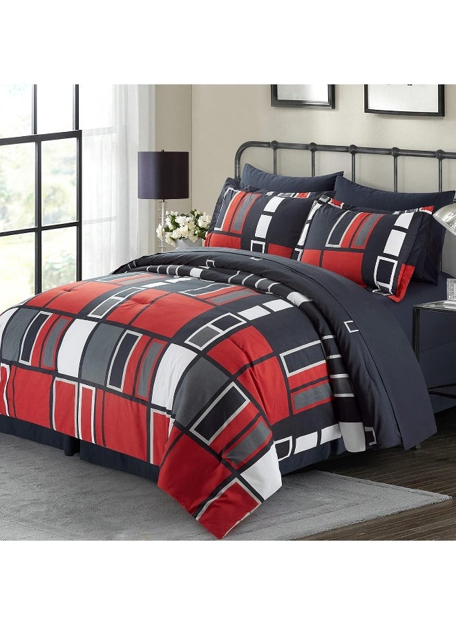 Generic ARTALL Black Gray Red Plaid Pattern Bed in A Bag 8 Piece Bedding King Comforter Sets  - Image 1