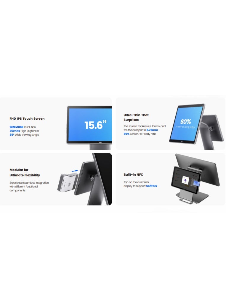 Telpo C9 PD Smart Dual Screen Desktop POS System with 15"+10" Inch IPS Touch Screen and Built-in Printer - Image 3