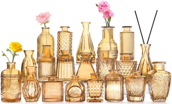 20 PCS AMBER GOLD GLASS BUD VASES SET AMBER GOLD SMALL VASES FOR FLOWERS VINTAGE FLOWER CUTE GLASS IN BULK FOR CENTERPIECES RUSTIC DECORATIVE WEDDING TABLE HOME
