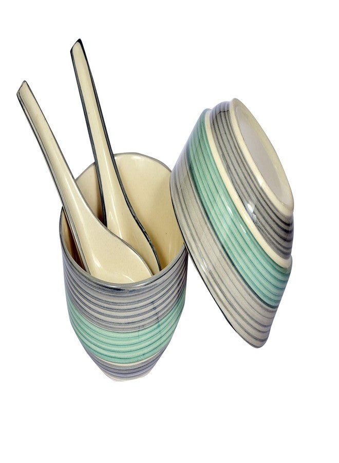 Crock Comforts Ceramic Handcrafted Stoneware Aqua Seagreen Soup Bowl/Serving Bowl(4" Diameter) with Free Soup Spoon-Set of 2(350ml,Microwave & Dishwasher Safe,CC-GSP02)|Soup Bowl Set for Kitchen - Image 3