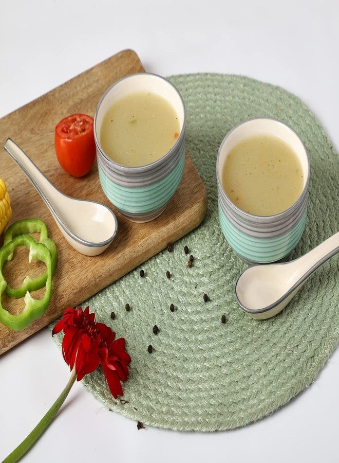 Crock Comforts Ceramic Handcrafted Stoneware Aqua Seagreen Soup Bowl/Serving Bowl(4" Diameter) with Free Soup Spoon-Set of 2(350ml,Microwave & Dishwasher Safe,CC-GSP02)|Soup Bowl Set for Kitchen - Image 1
