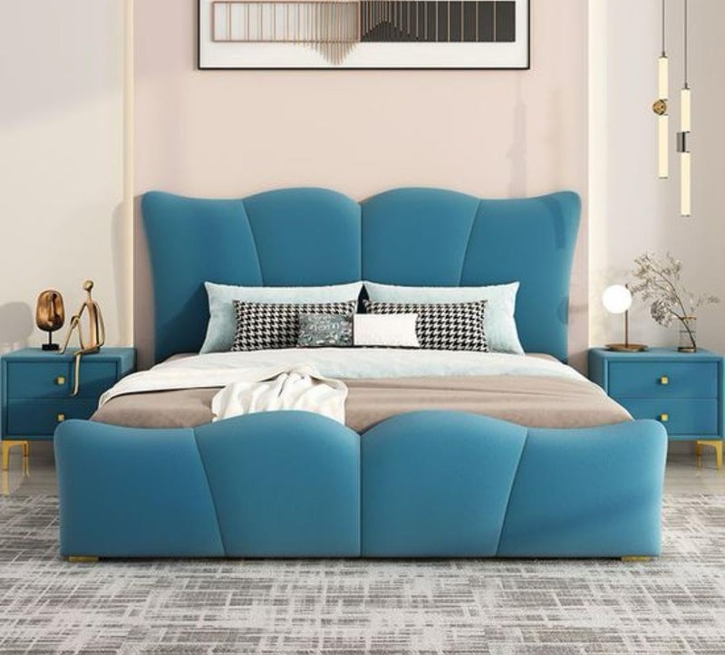 Cozy Homes Teal Blue Velvet Bed Frame with Nightstands - Image 1