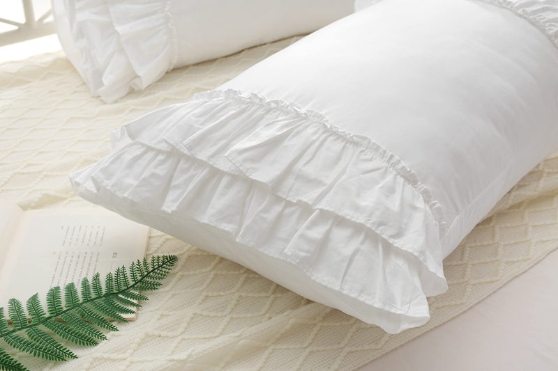 Meaning4 White Ruffles Pillow Shams Queen Size Ruffled Pillowcases Pillow Covers 30""x20"" 2-Pack Pure Cotton - Image 4