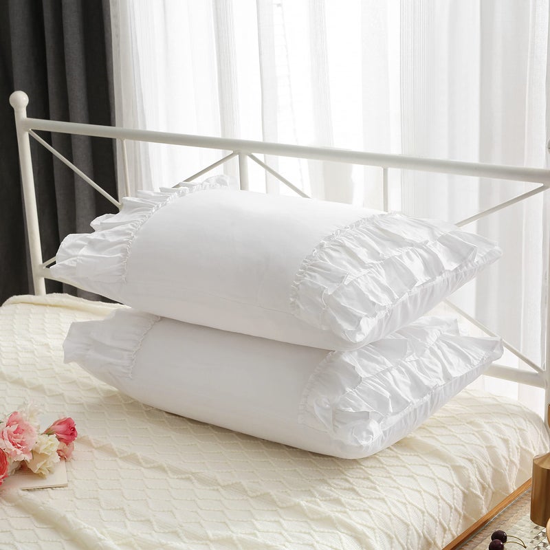 Meaning4 White Ruffles Pillow Shams Queen Size Ruffled Pillowcases Pillow Covers 30""x20"" 2-Pack Pure Cotton - Image 2