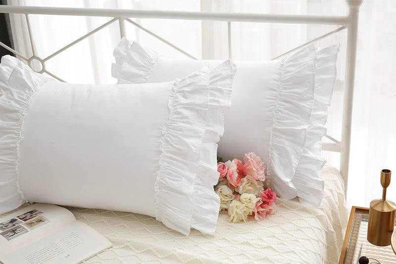 Meaning4 White Ruffles Pillow Shams Queen Size Ruffled Pillowcases Pillow Covers 30""x20"" 2-Pack Pure Cotton - Image 1