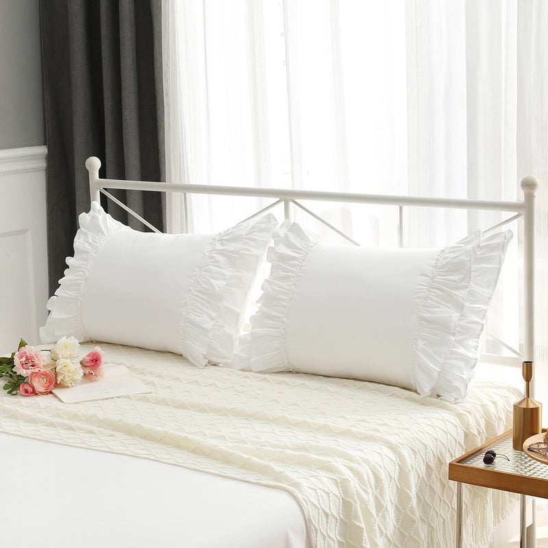 Meaning4 White Ruffles Pillow Shams Queen Size Ruffled Pillowcases Pillow Covers 30""x20"" 2-Pack Pure Cotton - Image 3