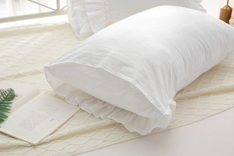 Meaning4 White Ruffles Pillow Shams Queen Size Ruffled Pillowcases Pillow Covers 30""x20"" 2-Pack Pure Cotton - Image 5