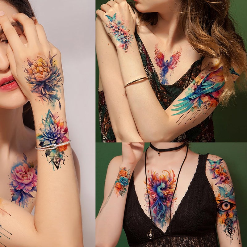 Glaryyears 52 Watercolor Temporary Tattoos for Women Adults - Realistic 3D Floral Butterfly Phoenix Mandala Fake Tattoos Set  Waterproof Long Lasting Body Sticker for Parties Weddings (12 Large Tattoos Included) - Image 4