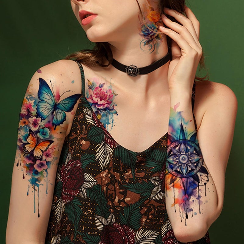 Glaryyears 52 Watercolor Temporary Tattoos for Women Adults - Realistic 3D Floral Butterfly Phoenix Mandala Fake Tattoos Set  Waterproof Long Lasting Body Sticker for Parties Weddings (12 Large Tattoos Included) - Image 2