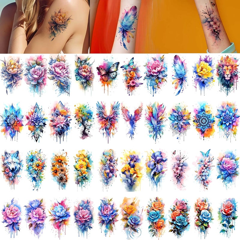 Glaryyears 52 Watercolor Temporary Tattoos for Women Adults - Realistic 3D Floral Butterfly Phoenix Mandala Fake Tattoos Set  Waterproof Long Lasting Body Sticker for Parties Weddings (12 Large Tattoos Included) - Image 3