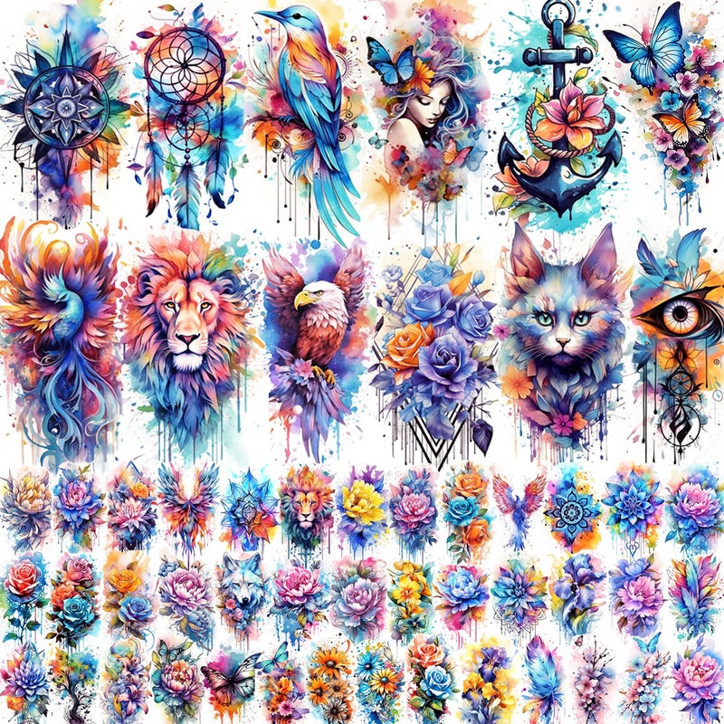 Glaryyears 52 Watercolor Temporary Tattoos for Women Adults - Realistic 3D Floral Butterfly Phoenix Mandala Fake Tattoos Set  Waterproof Long Lasting Body Sticker for Parties Weddings (12 Large Tattoos Included) - Image 1