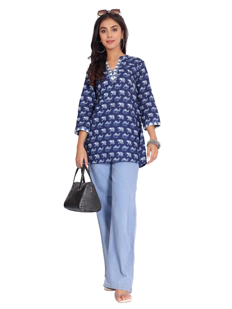 Varanga Ethnic Motifs Printed Notch Neck Cotton A-Line Kurti Blue - Image 1