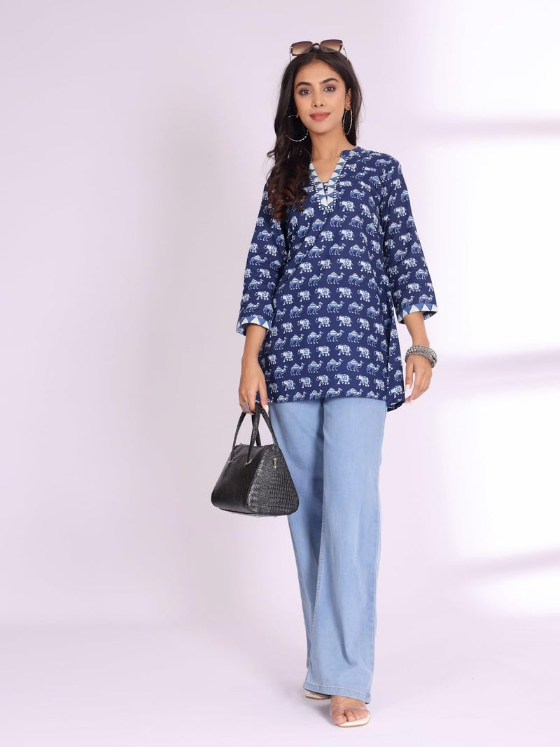 Varanga Ethnic Motifs Printed Notch Neck Cotton A-Line Kurti Blue - Image 2