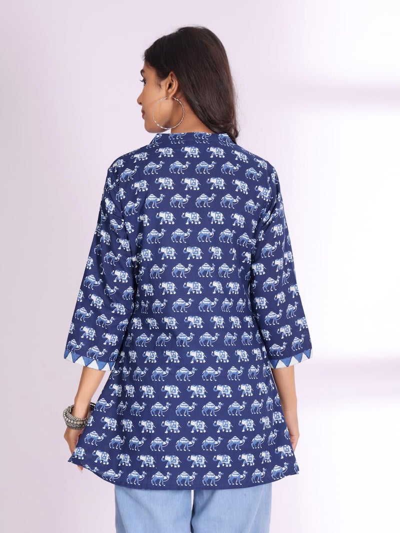 Varanga Ethnic Motifs Printed Notch Neck Cotton A-Line Kurti Blue - Image 4