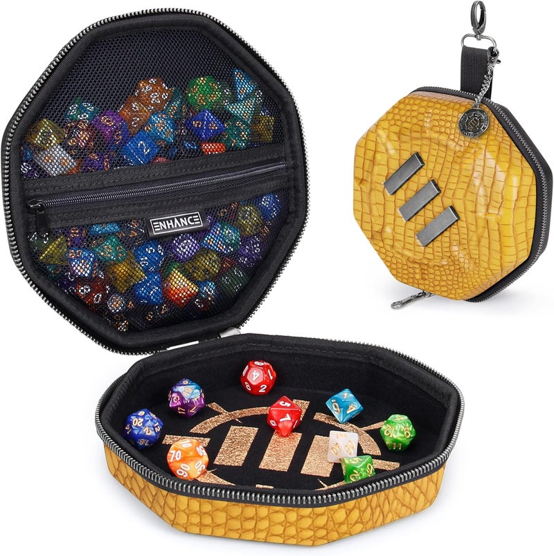 ENHANCE DND Dice Tray and Case - Collector's Edition DND Dice Holder up to 150 D&D Shakers with Hard Shell Exterior and Protective Soft Interior - Rolling Tray Perfect for Game Night (Dragon Gold) - Image 1