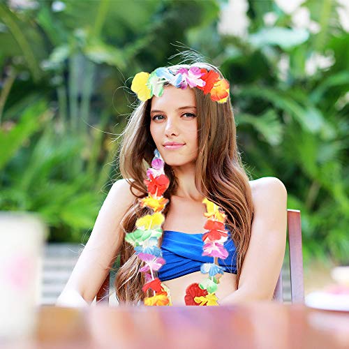 YAXAMING Hawaiian Leis Luau Tropical Headband Flower Crown Wreath Headpiece Wristbands Women Girls Floral Necklace Bracelets Hair Band For Summer Beach Vacation Pool Party Decorations Favors Supplies Colorful - Image 3