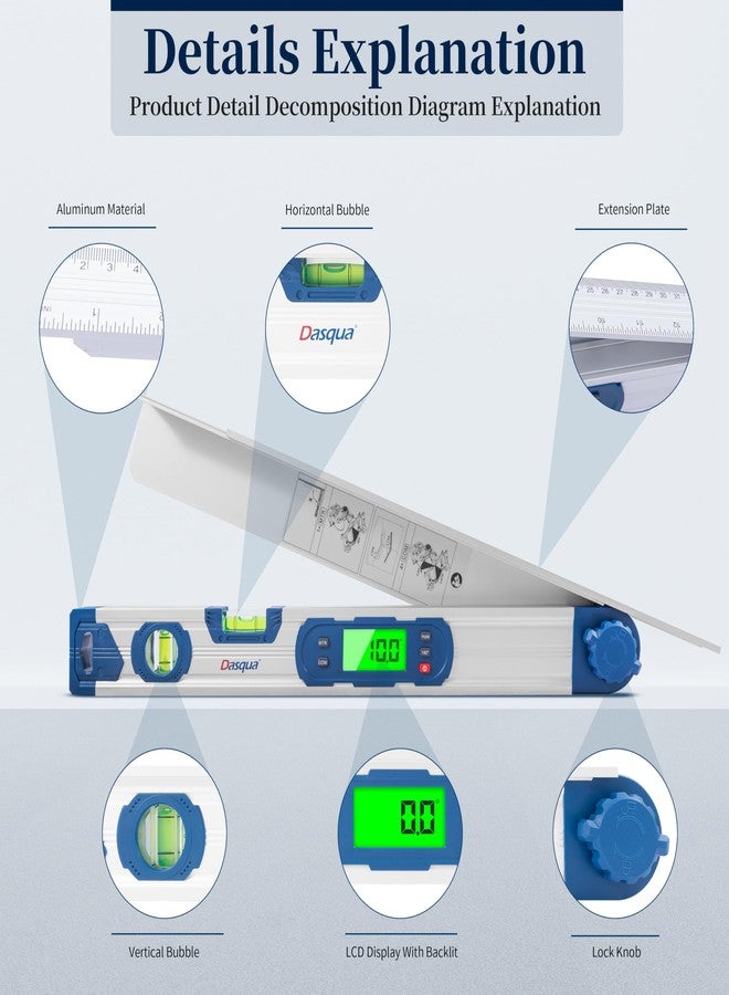 DASQUA 4-in-1 Digital Angle Finder with 16" Leg Extension, 0-220° Protractor ±0.2°, Backlit LCD, Lock & Hold Function, IP54 Aluminum Angle Gauge for Woodworking, Welding, and Carpentry - Image 2