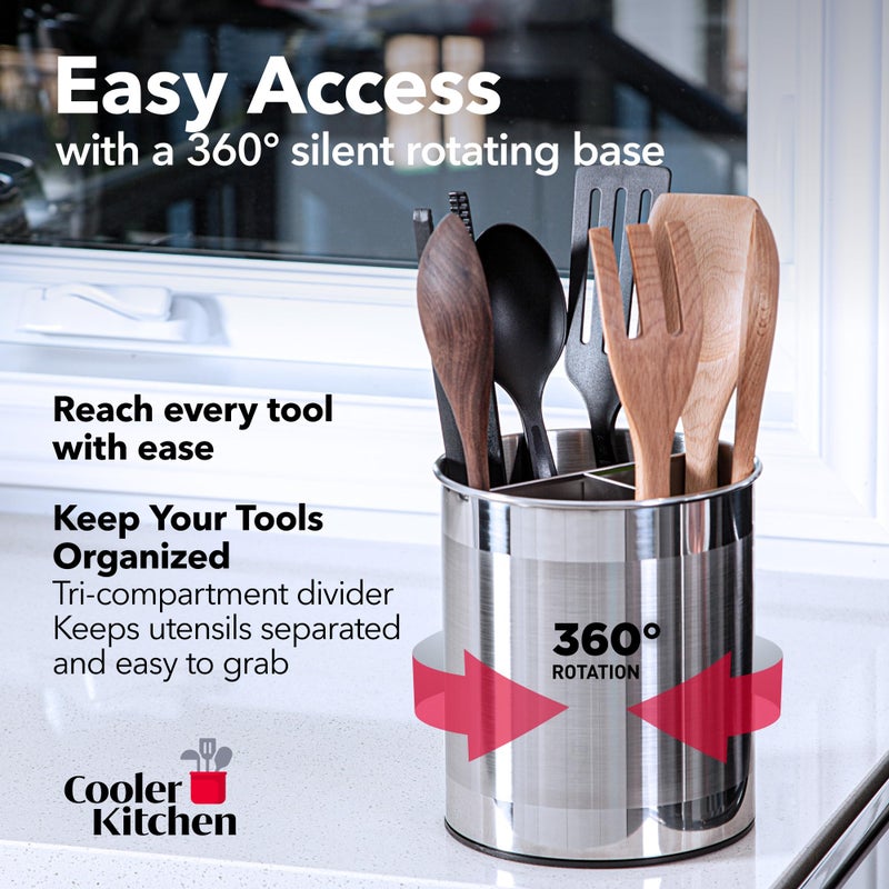 Cooler Kitchen Rotating Extra Large Stainless Steel Utensil Holder Caddy with Sturdy No-Tip Weighted Base, Removable Divider, and Gripped Insert Bottom -Dishwasher Safe Metal Cooking Utensil Holder - Image 2