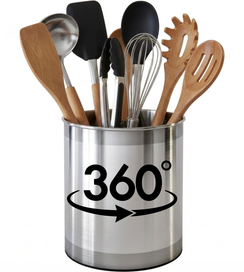 Cooler Kitchen Rotating Extra Large Stainless Steel Utensil Holder Caddy with Sturdy No-Tip Weighted Base, Removable Divider, and Gripped Insert Bottom -Dishwasher Safe Metal Cooking Utensil Holder - Image 1