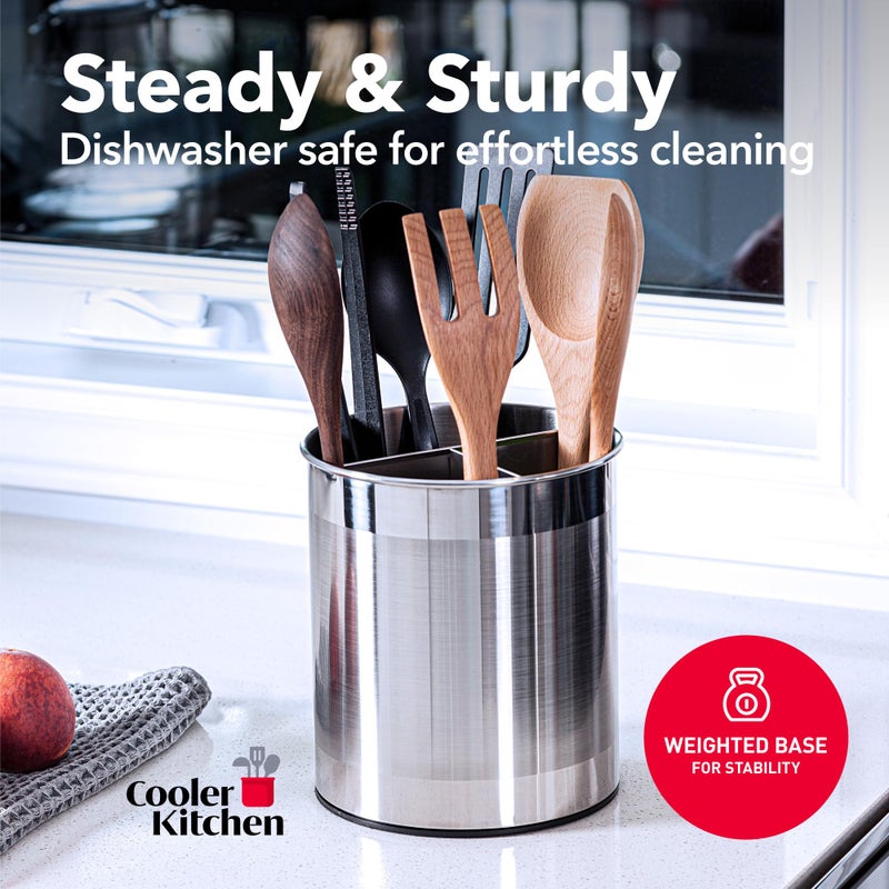 Cooler Kitchen Rotating Extra Large Stainless Steel Utensil Holder Caddy with Sturdy No-Tip Weighted Base, Removable Divider, and Gripped Insert Bottom -Dishwasher Safe Metal Cooking Utensil Holder - Image 4