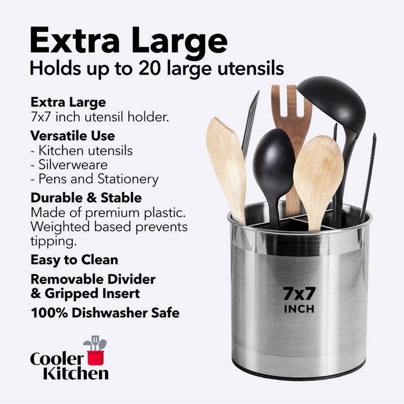 Cooler Kitchen Rotating Extra Large Stainless Steel Utensil Holder Caddy with Sturdy No-Tip Weighted Base, Removable Divider, and Gripped Insert Bottom -Dishwasher Safe Metal Cooking Utensil Holder - Image 5