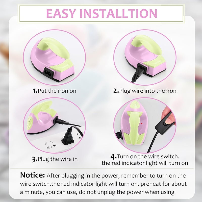 Honoson Mini Craft Iron Mini Heat Press Small Iron 3.93 x 2.36 x 2.76 Portable Tiny Flatiron with Charging Base Accessory for Fuse Bead Patch DIY Heat Transfer Vinyl (Light Yellow, Light Pink) - Image 5