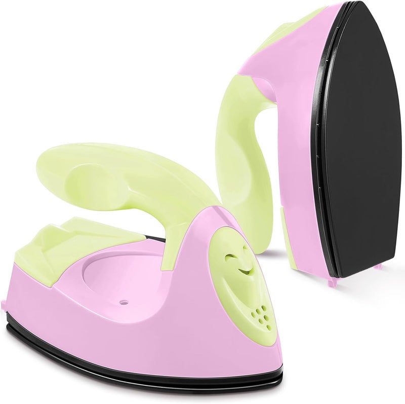 Honoson Mini Craft Iron Mini Heat Press Small Iron 3.93 x 2.36 x 2.76 Portable Tiny Flatiron with Charging Base Accessory for Fuse Bead Patch DIY Heat Transfer Vinyl (Light Yellow, Light Pink) - Image 1