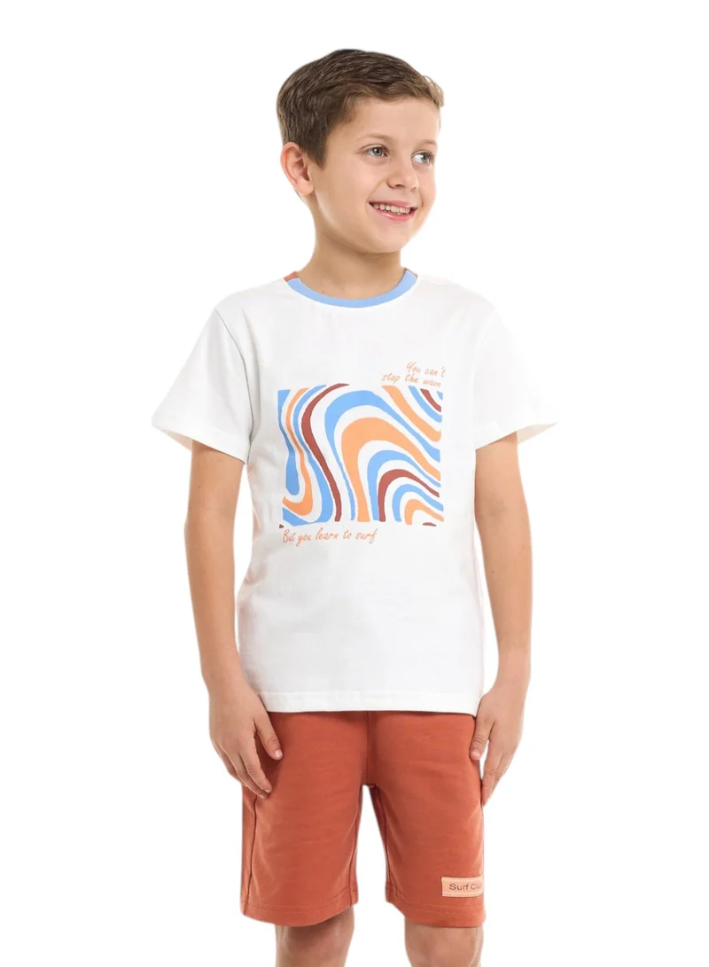 victor and jane Victor and Jane Cotton Round Neck T-Shirt & Shorts Set – Detailed Print - Off White and Rust