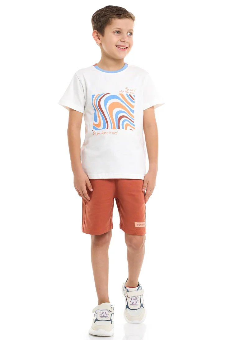 victor and jane Victor and Jane Cotton Round Neck T-Shirt & Shorts Set – Detailed Print - Off White and Rust