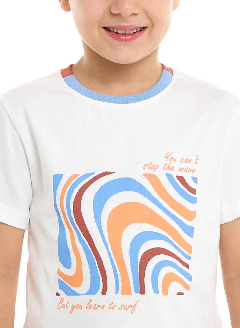 victor and jane Victor and Jane Cotton Round Neck T-Shirt & Shorts Set – Detailed Print - Off White and Rust