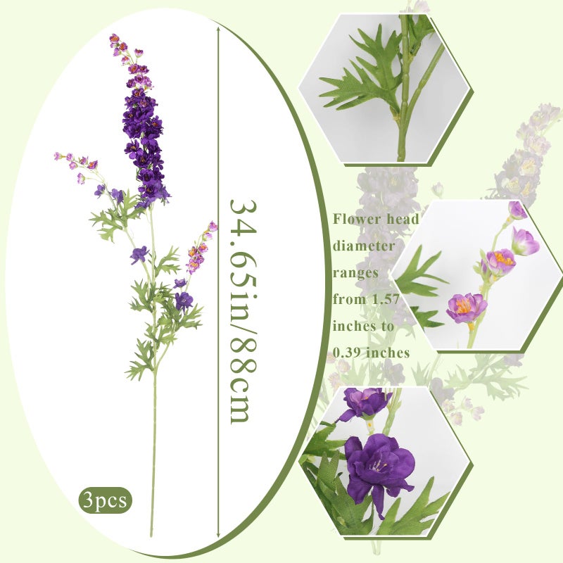 CITYES 3 Pcs Delphinium Artificial Flowers Bulk 35" Long Stem Silk Larkspur Flowers Artificial Snapdragon Flower Stems Purple Faux Bouquet for Tall Vase Floral Arrangements Home Outdoor Wedding Decor - Image 2