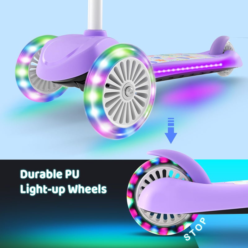 TONBUX Kids Scooter for Ages 3-8, Toddler Scooter with Light-Up Deck and Wheels, Adjustable 4-Level Height 3-Wheel Scooters for Kids, Lean-to-Steer Design (Purple) - Image 3