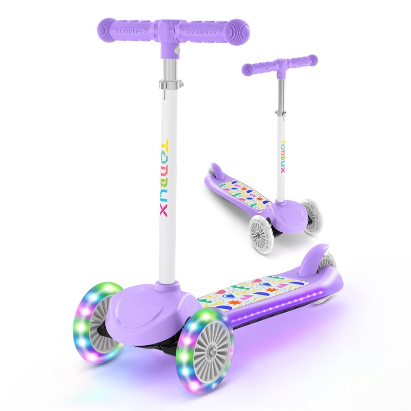 TONBUX Kids Scooter for Ages 3-8, Toddler Scooter with Light-Up Deck and Wheels, Adjustable 4-Level Height 3-Wheel Scooters for Kids, Lean-to-Steer Design (Purple) - Image 1