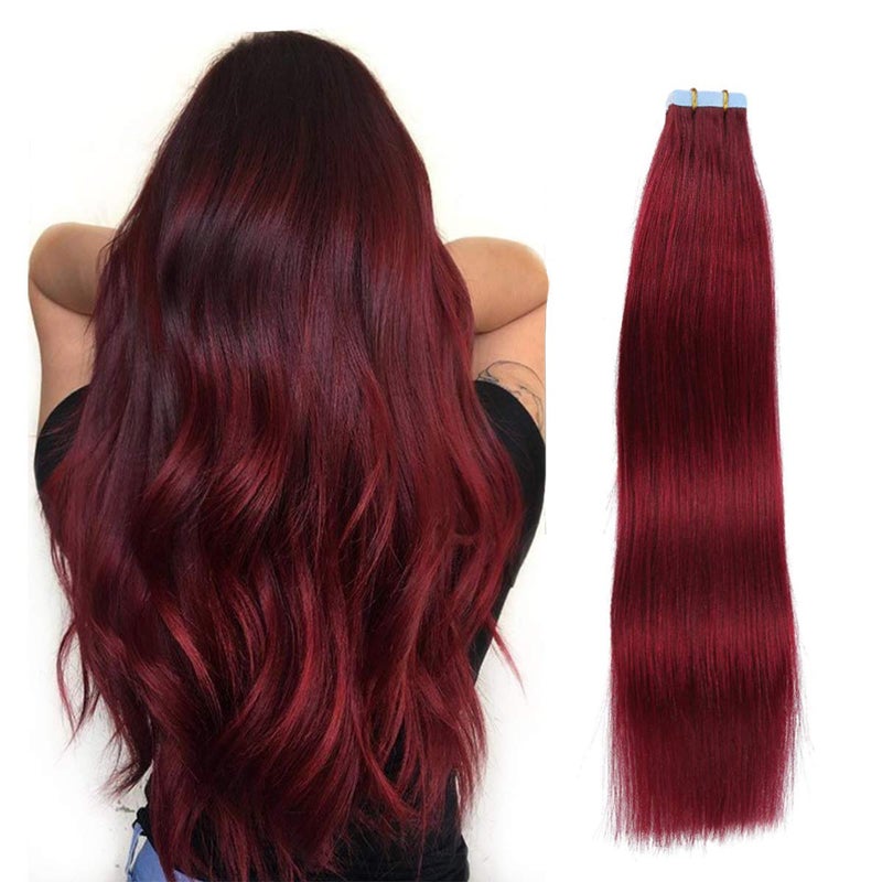 SUYYA Tape in Hair Extensions Human Hair Wine Red 20 inches 20pcs 50 Grams Per Pack Burgundy Straight Tape in Real Hair Extensions 99j20 inchesBurgundy