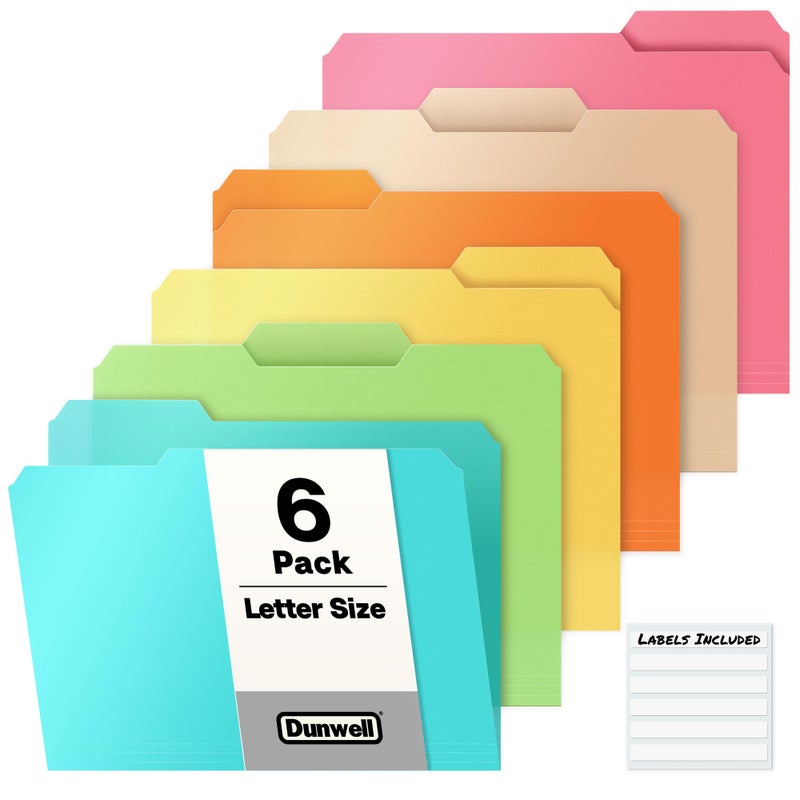 Dunwell Plastic Colored File Folders (6 Pack), 1/3 Tab File Folders for 8.5x11 Letter Size Documents, Assorted Pastel Colors, Acid-Free Poly for Long Term Storage, Includes Labels - Image 1