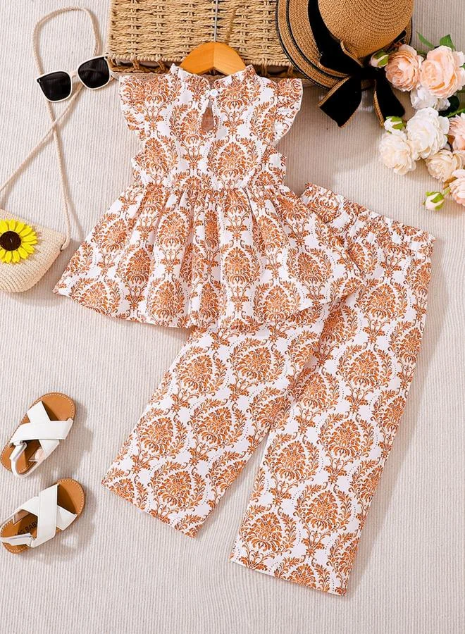 Take Two Girls Floral Print Frill Sleeve Top and Pants Set