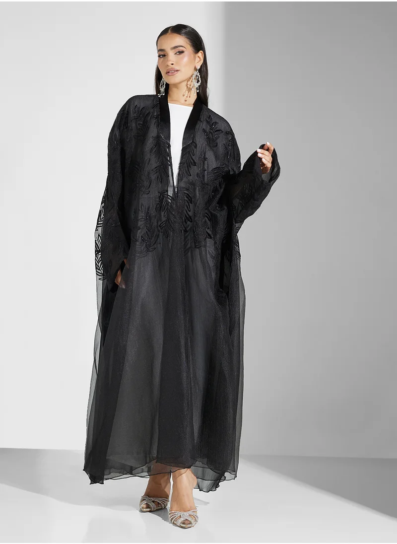 hayas closet Embellished V-Neck Flared Sleeve Abaya
