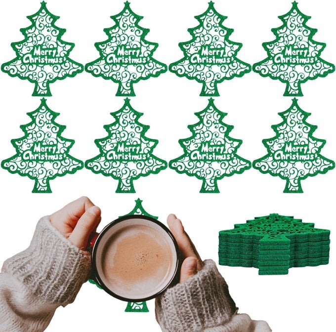 Christmas Trees Coasters Green Xmas Tree Shape Felt Tableware Cup Mats Merry Christmas Coasters Heat Insulation Drink Wine Tea Coffee Mats for Christmas New Year Winter Party Home Decoration 8Pcs