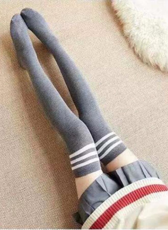 NIBEMINENT Women Stripe socks the Knee Thigh High gray with white strips  - Image 1