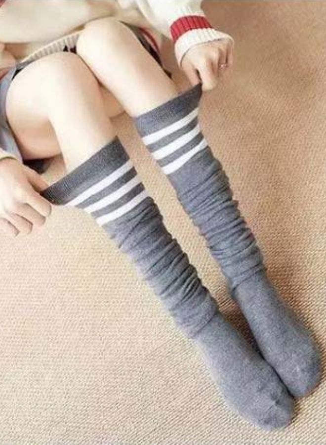 NIBEMINENT Women Stripe socks the Knee Thigh High gray with white strips  - Image 2