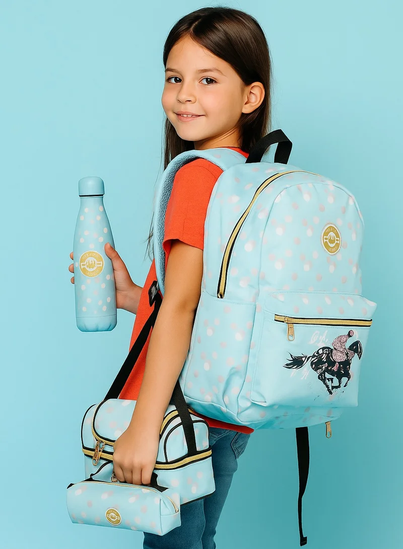 TOOLY School Set, 4 Pieces, Backpack with Lunch Bag, Pencil Case and Water Bottle, Light Blue Polka Dots(Size: H 42 X 30 X 13 CM)
