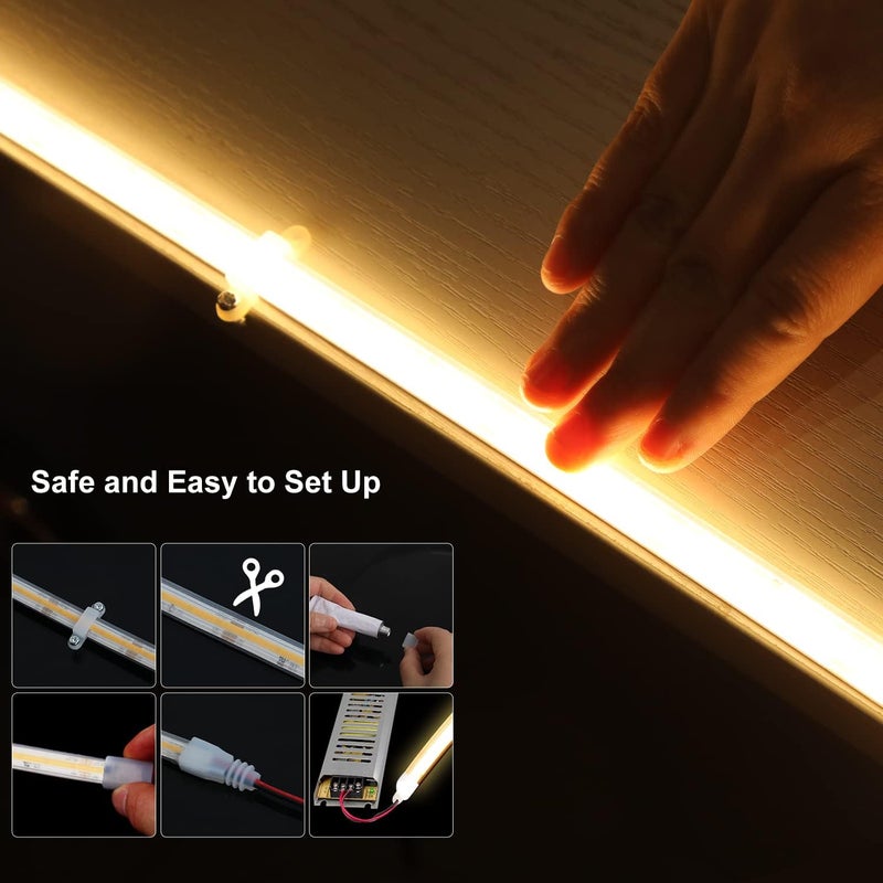 أضواء شريط LED من نوع COB، معتمدة وفقًا لمعايير UL، طول 16.4 قدم/5 أمتار، بلون أبيض، درجة حرارة اللون 3000K، مقاومة للماء (IP67)، تحتوي على 528 مصباح LED لكل متر، جهد 24 فولت، مناسبة للاستخدام في الأماكن الداخلية والخارجية للديكور (المصدر الكهربائي غير مشمول). - Image 5