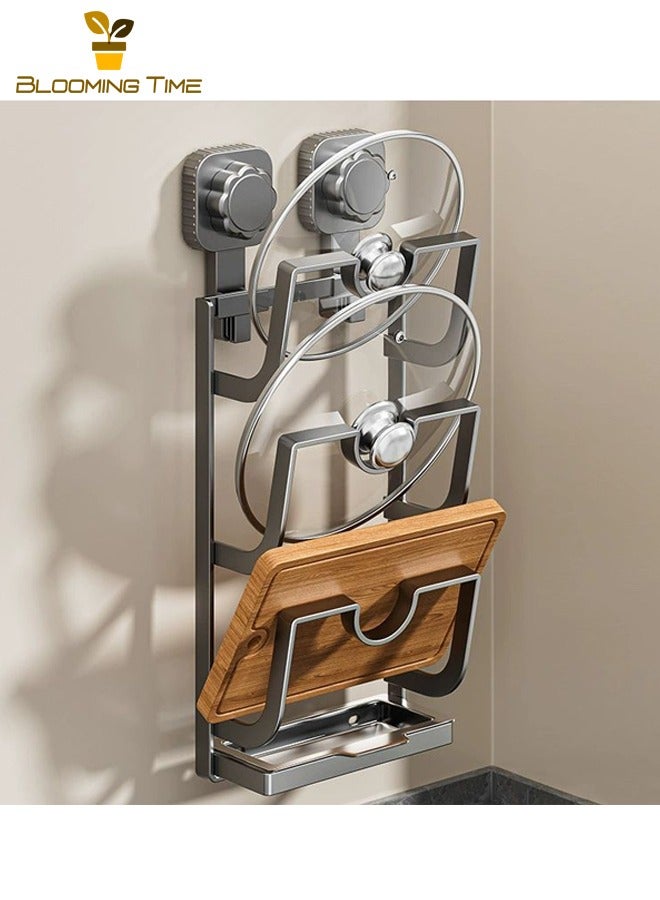 بلومنغ تايم حامل أغطية المقالي للمطبخ بنظام الشفط، حامل تخزين معلق على الحائط، حامل تخزين متعدد الطبقات بدون حفر، حامل لوضع أغطية المقالي ولوح التقطيع بثلاث طبقات، مزود بصينية لتصريف المياه، رمادي. - Image 1